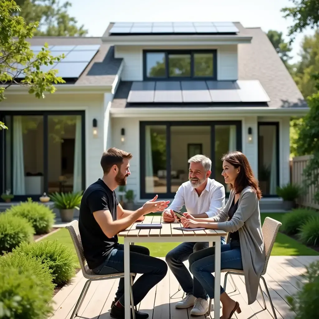 Heizma-Berater erklärt einer Familie im Garten, wie die Energiegemeinschaft Teilma funktioniert
