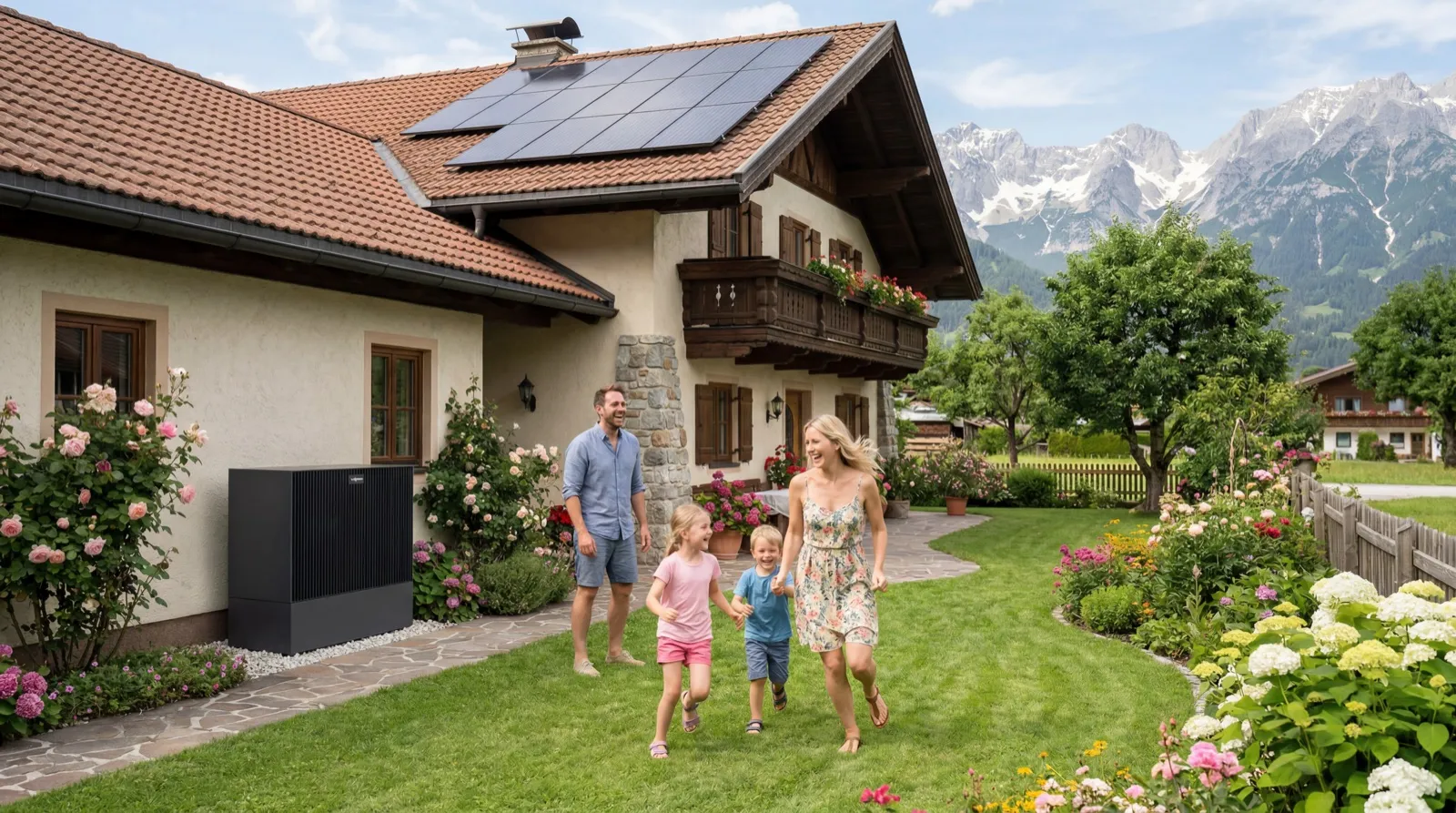 Familie vor ihrem Haus mit Heizma-System vor Alpenkulisse