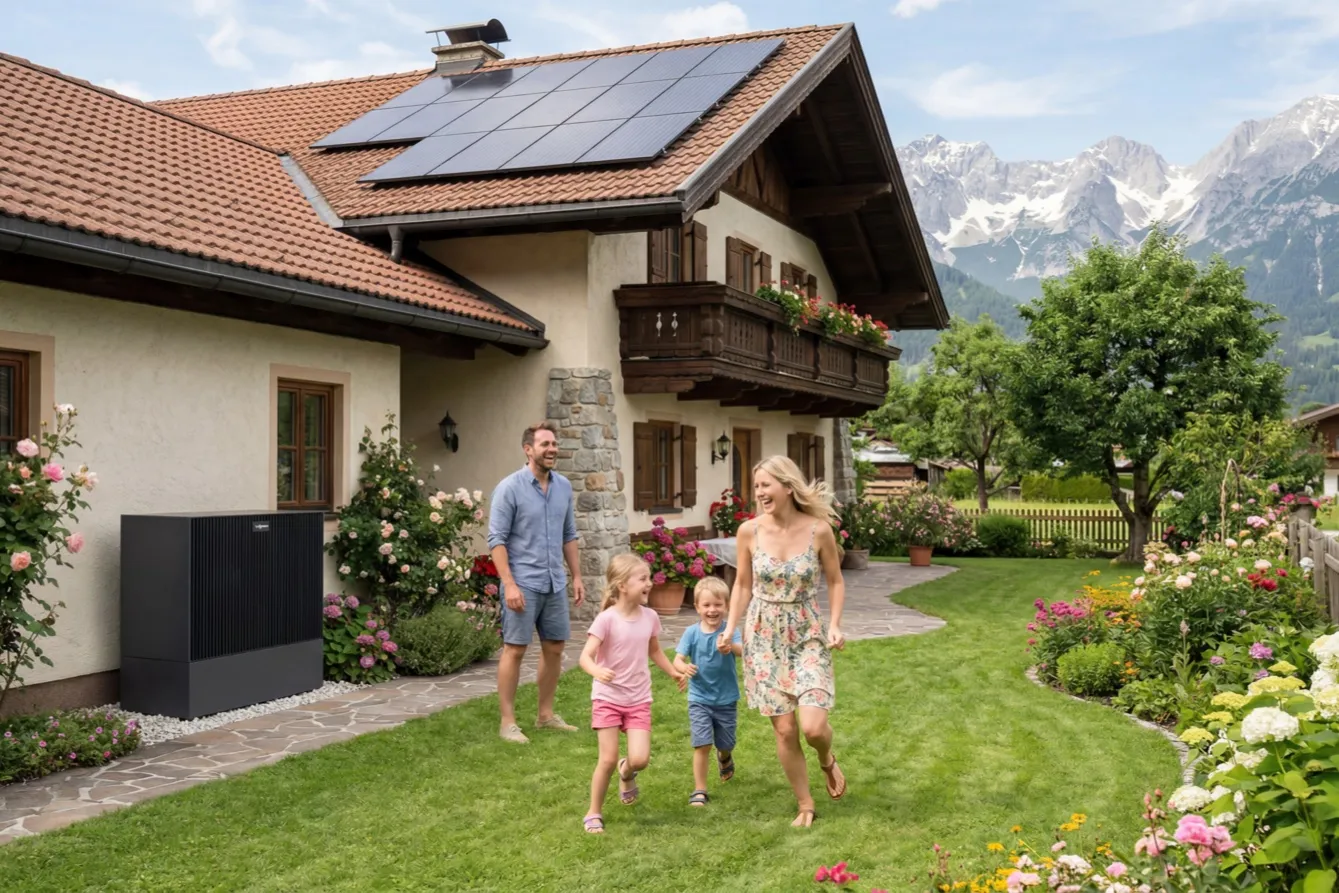 Familie läuft entspannt vor ihrem Haus mit Wärmepumpe und PV-Anlage in den Alpen