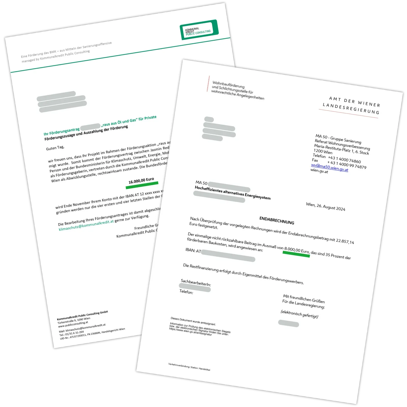 Echte Förderbescheide von Heizma-Kund:innen: Förderzusage „raus aus Öl und Gas“ über 16.000 € und Endabrechnung der Wiener Landesregierung über 8.000 €