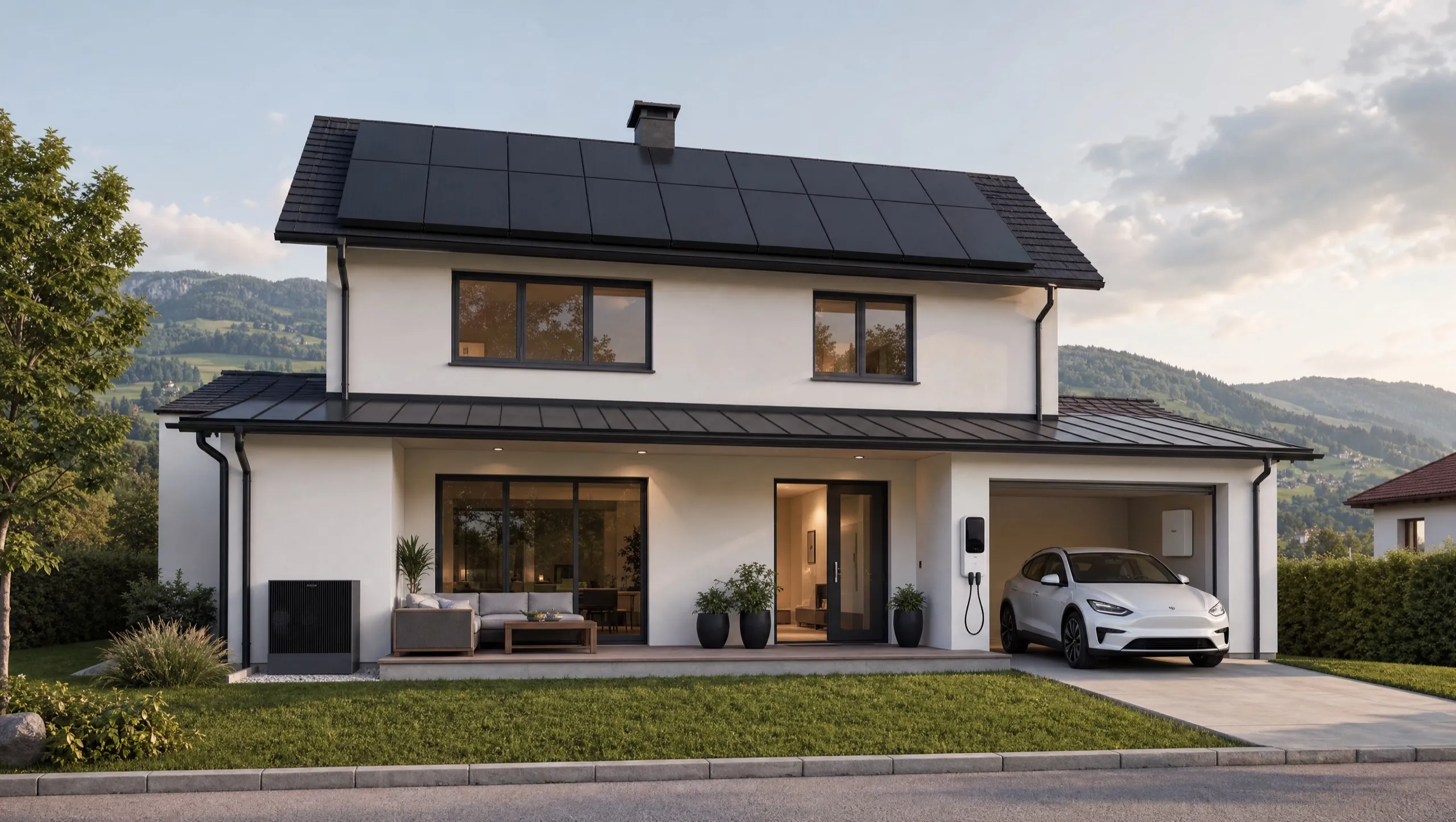 Einfamilienhaus mit Photovoltaik am Dach, Wärmepumpe im Garten, Wallbox und Speicher in der Garage