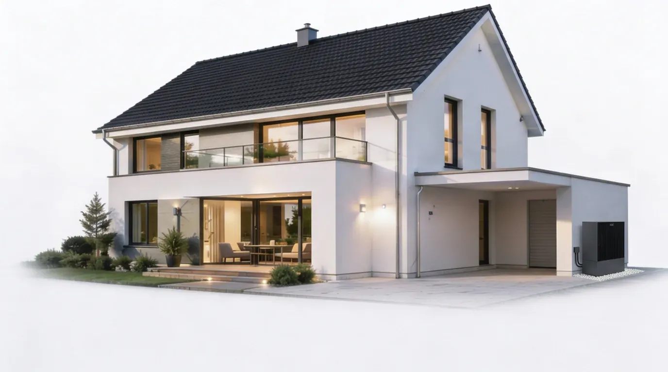Einfamilienhaus mit Viessmann Wärmepumpe im Garten