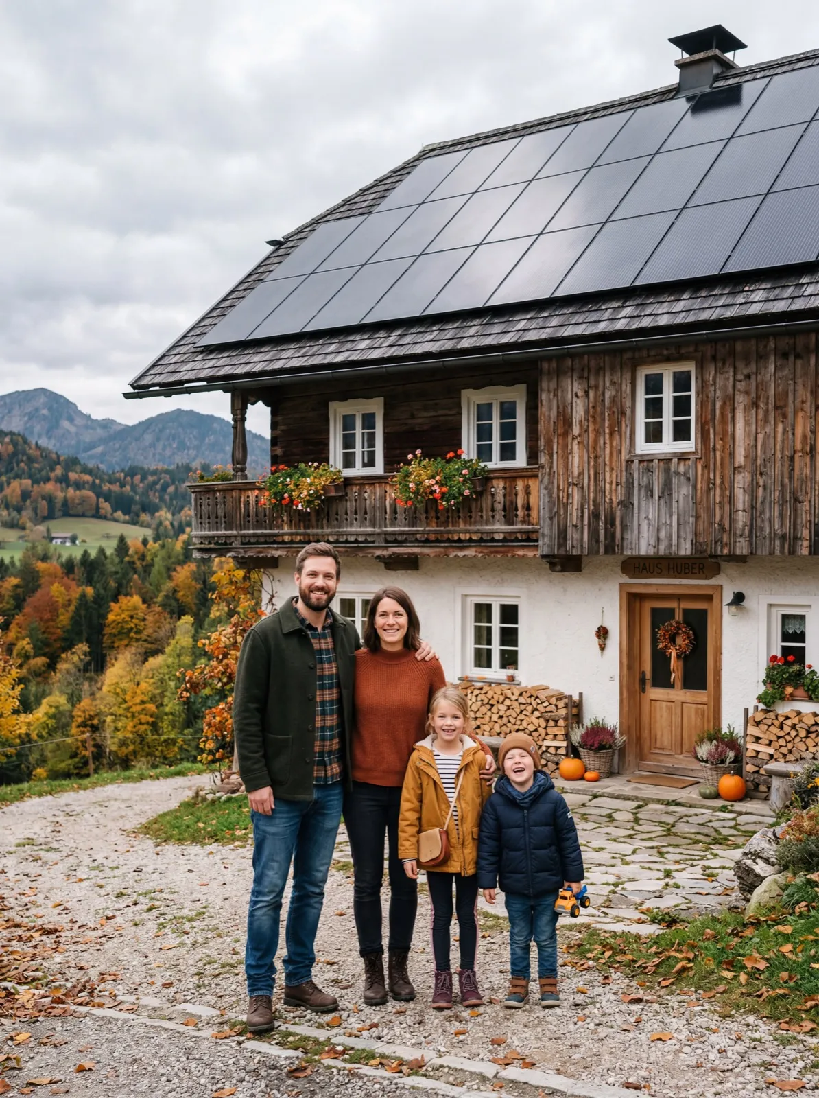Bauernhaus mit Photovoltaik-Anlage von Heizma auf dem Dach, Familie davor