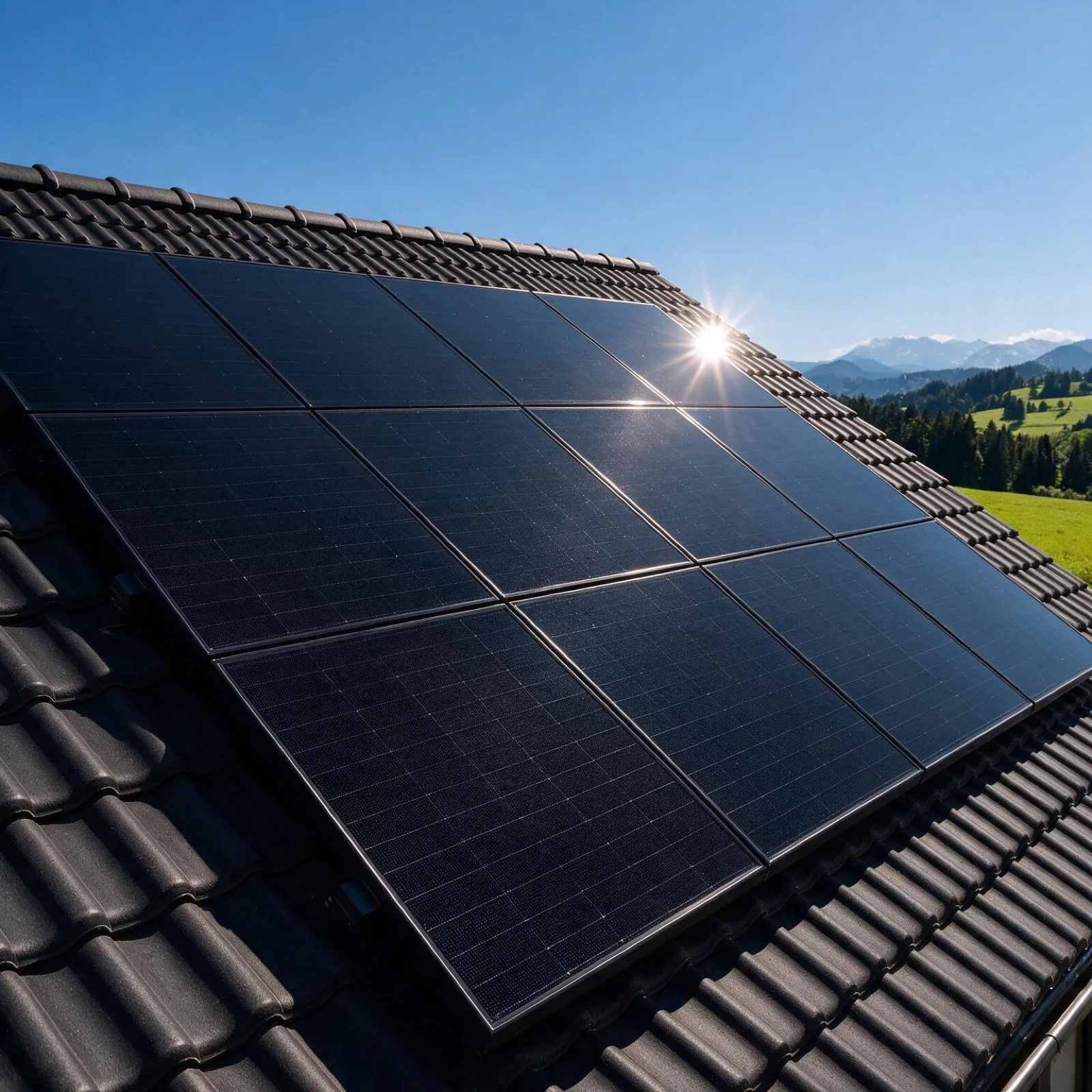 Schwarze Hochleistungs-PV-Module auf einem Ziegeldach mit Alpenpanorama