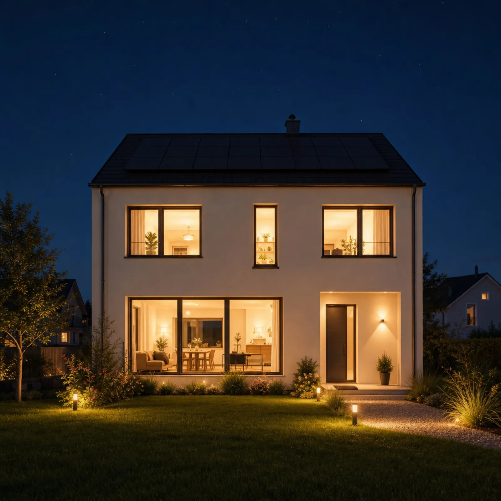 Warm beleuchtetes Einfamilienhaus mit PV-Anlage bei Nacht – Strom aus dem Batteriespeicher