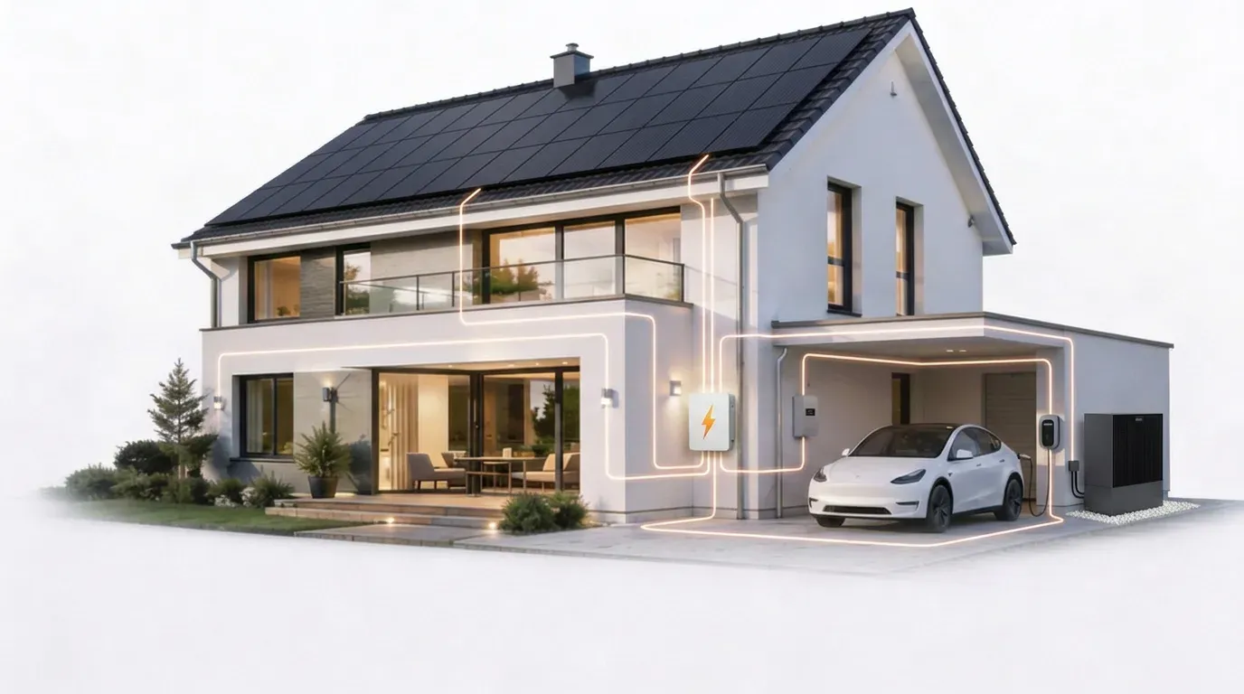 Modernes Einfamilienhaus mit Photovoltaik, Wärmepumpe, Speicher und Wallbox als vernetztes Komplettsystem
