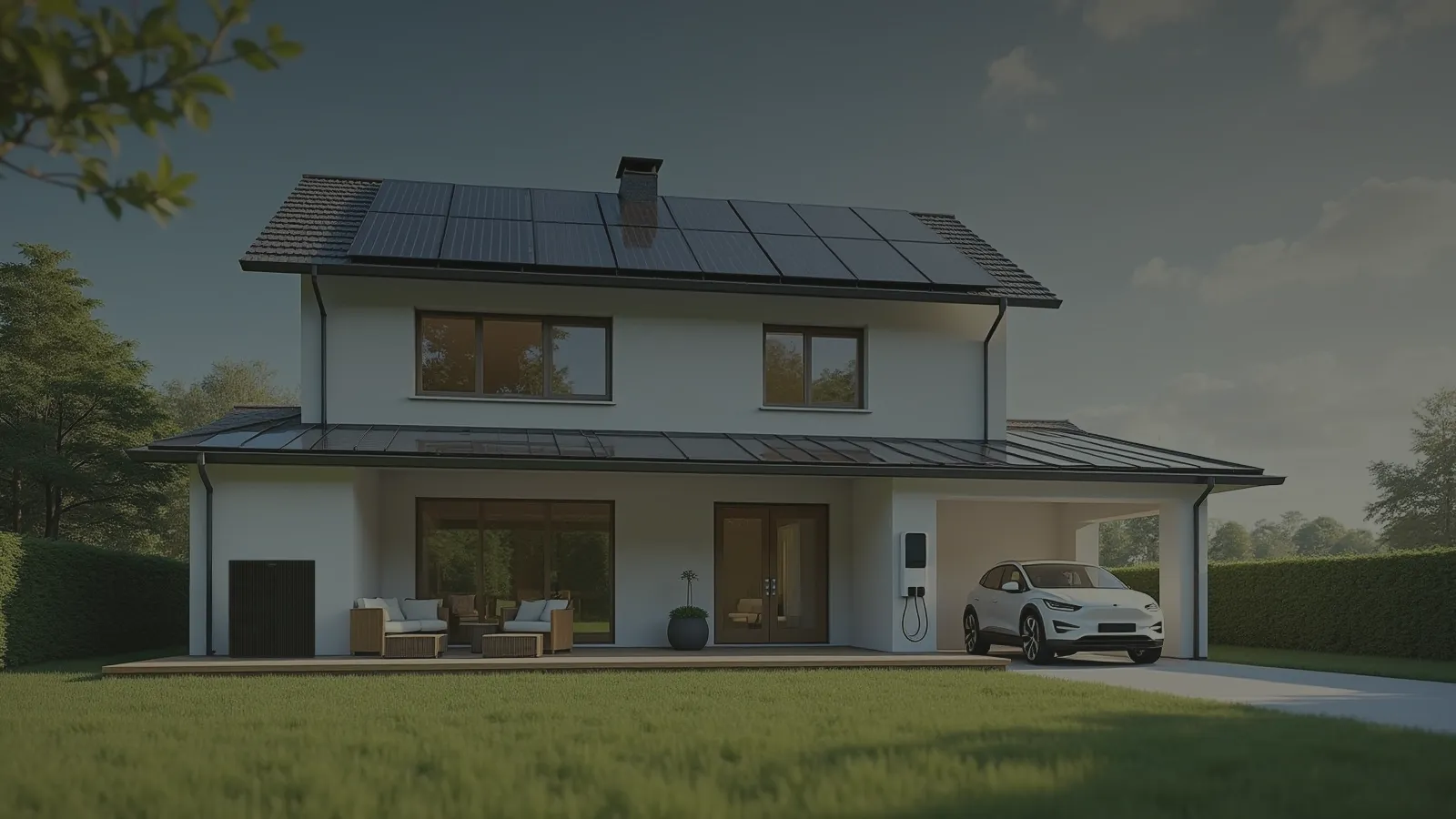 Einfamilienhaus am Abend mit Photovoltaik, Wärmepumpe und Wallbox