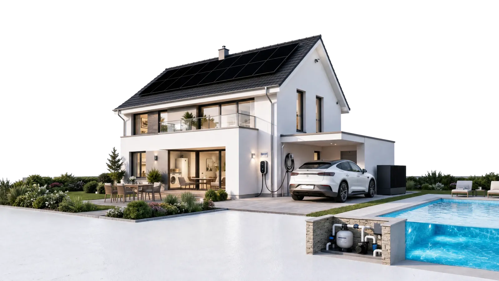Einfamilienhaus mit Photovoltaik-Anlage und Batteriespeicher bei Nacht