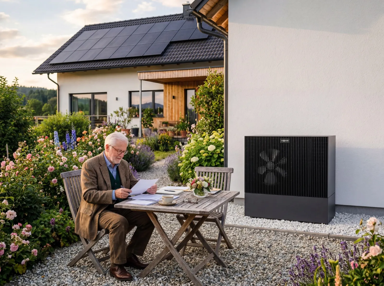Gefördertes Heizma-Projekt: Haus mit Wärmepumpe im Garten