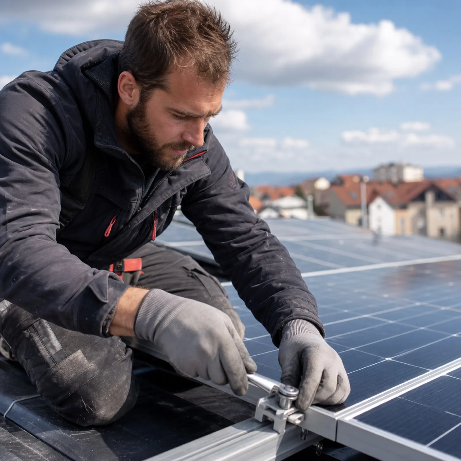 Monteur befestigt ein PV-Modul mit einer Klemme auf dem Dach