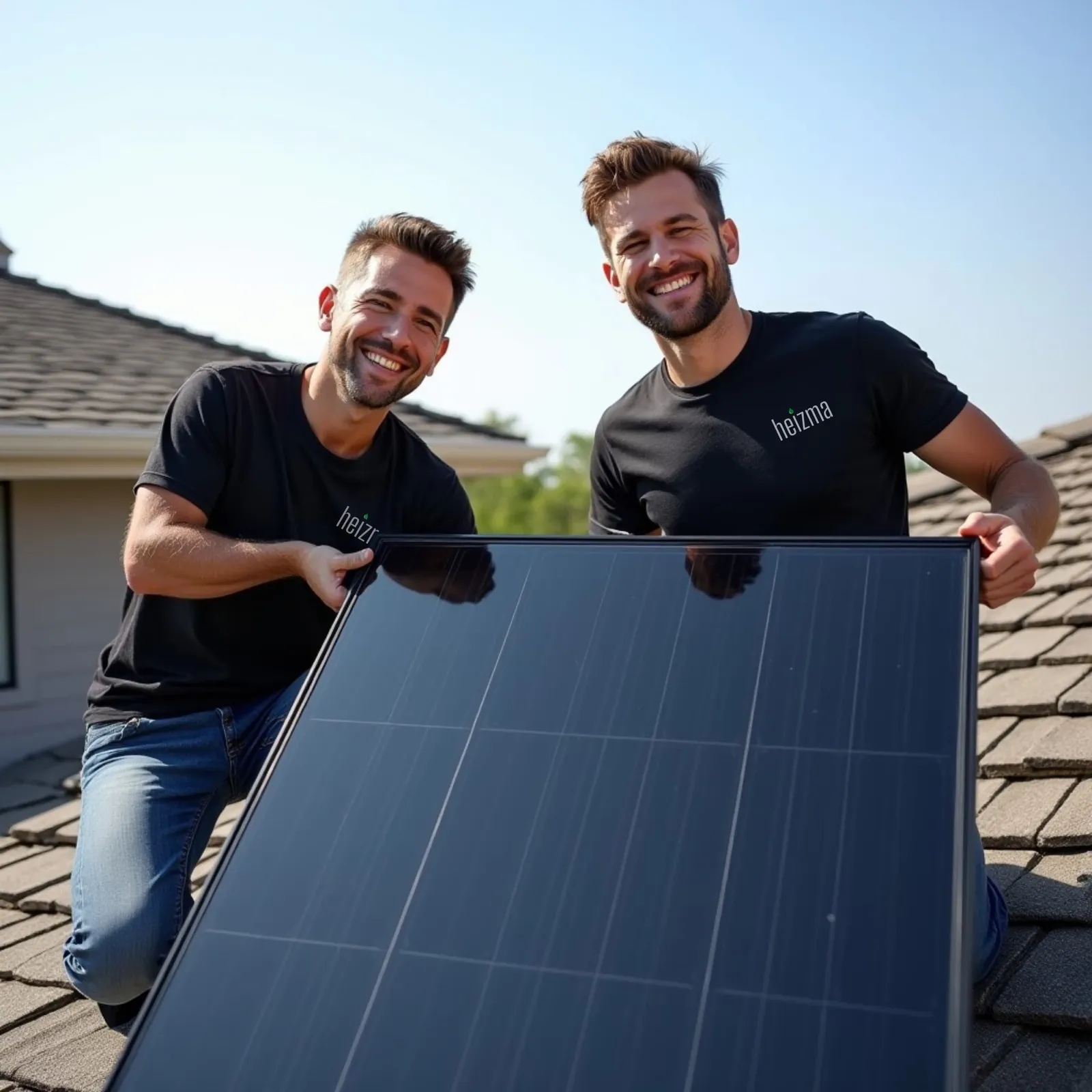 Zwei Heizma-Techniker montieren ein PV-Modul auf einem Dach