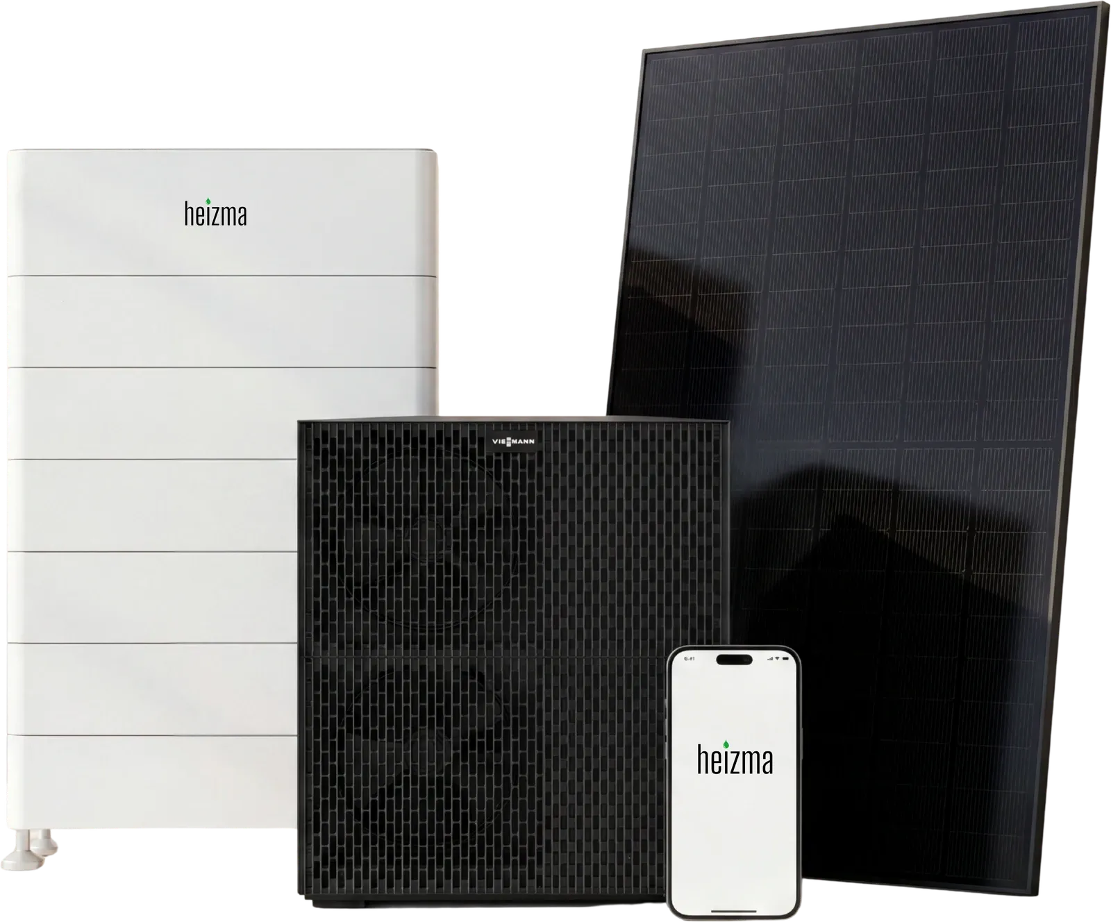 Heizma Komplettpaket: Batteriespeicher, Viessmann-Wärmepumpe, Photovoltaik-Modul und Optima-App auf dem Smartphone