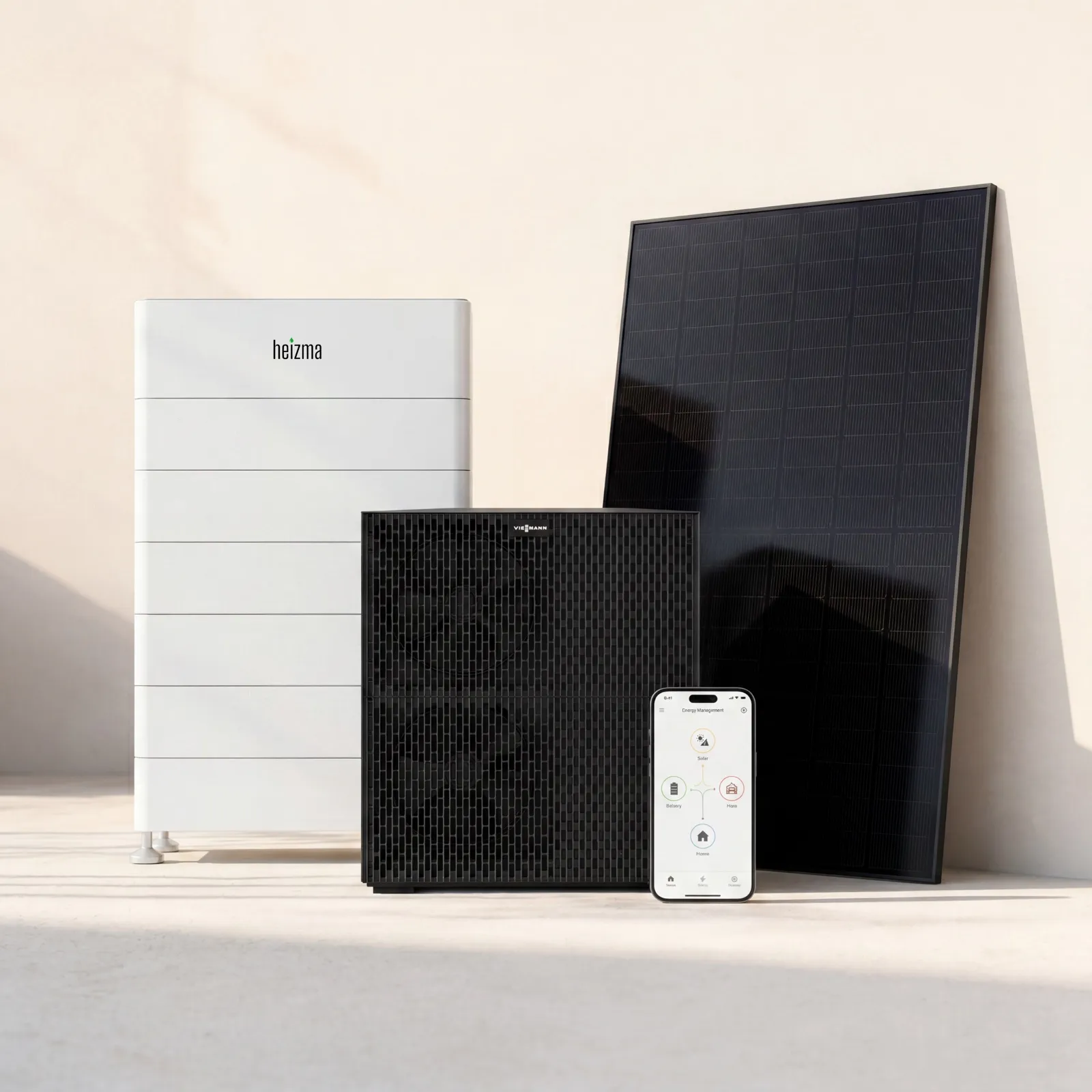 Heizma 5-in-1-Komplettpaket: Batteriespeicher, Wärmepumpe, PV-Modul und Optima-App