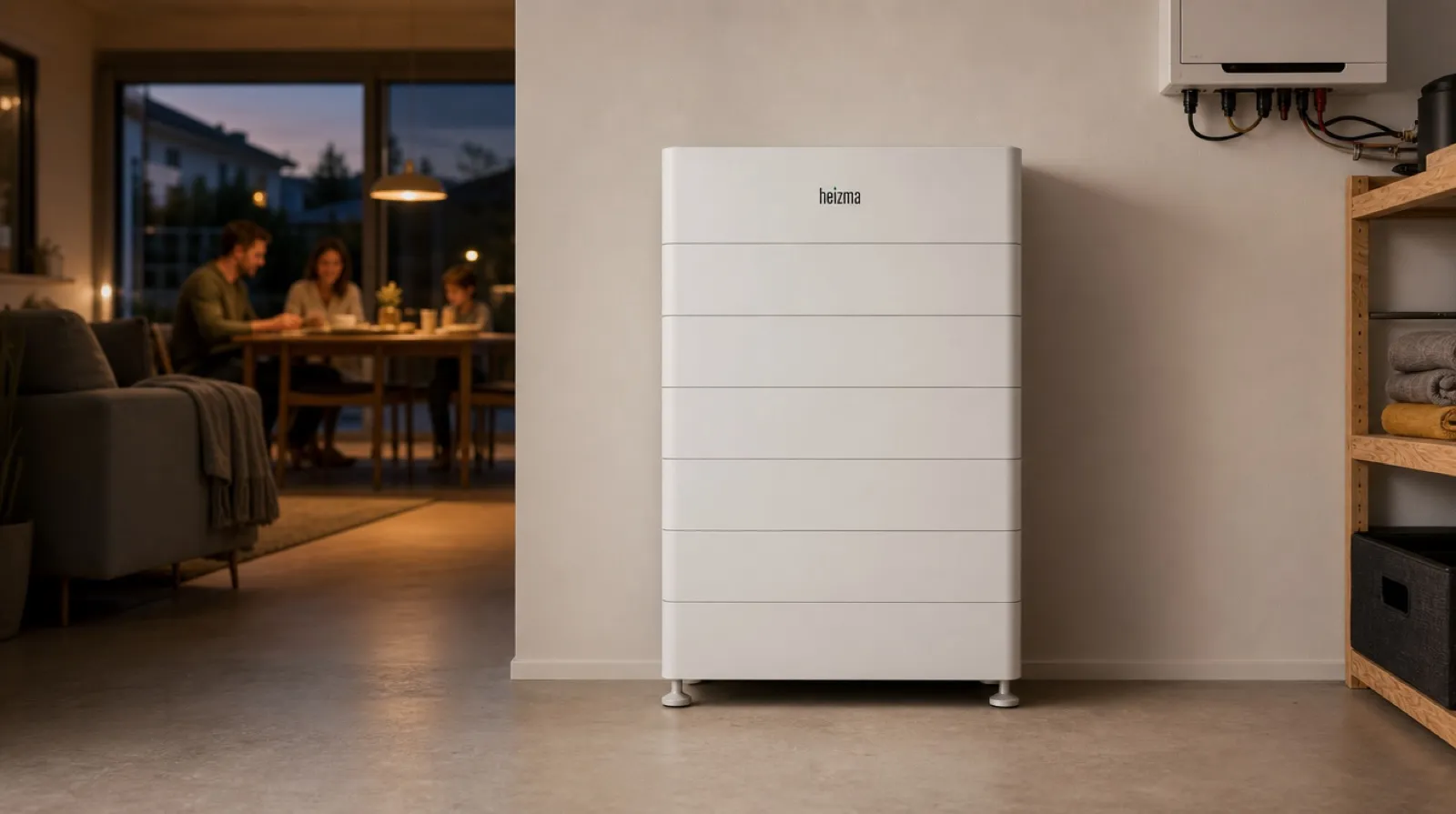 Heizma Batteriespeicher im Haus – Familie nutzt Solarstrom am Abend